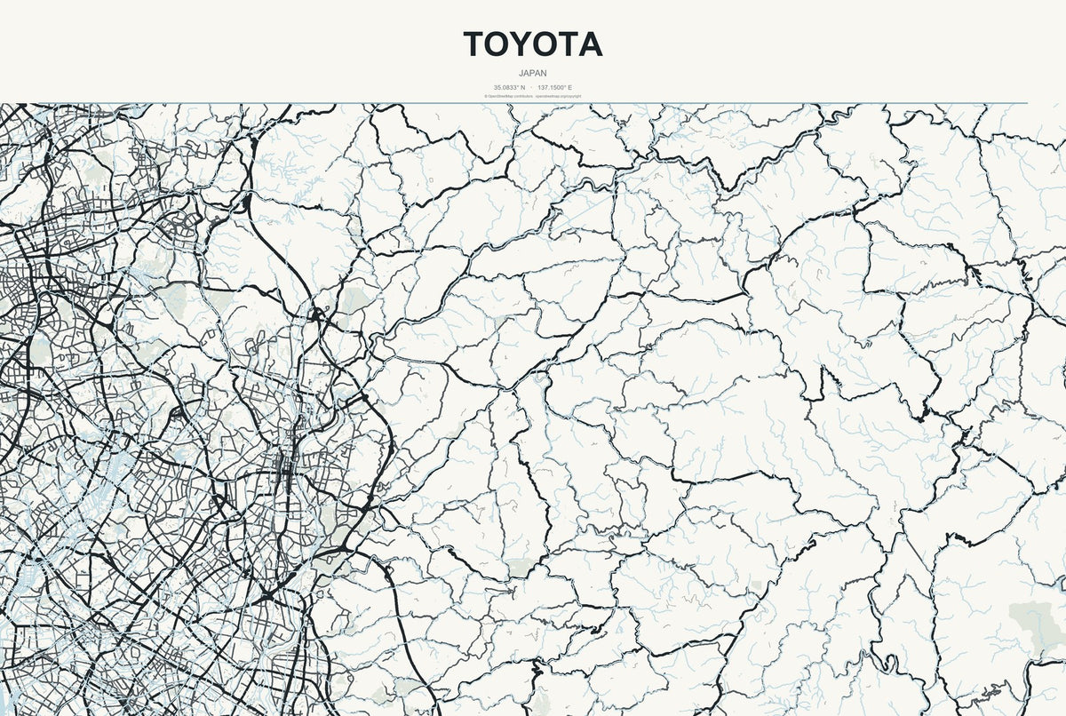 Toyota, Aichi, Japan City Map Aluminum Sign in Headline Atlas style