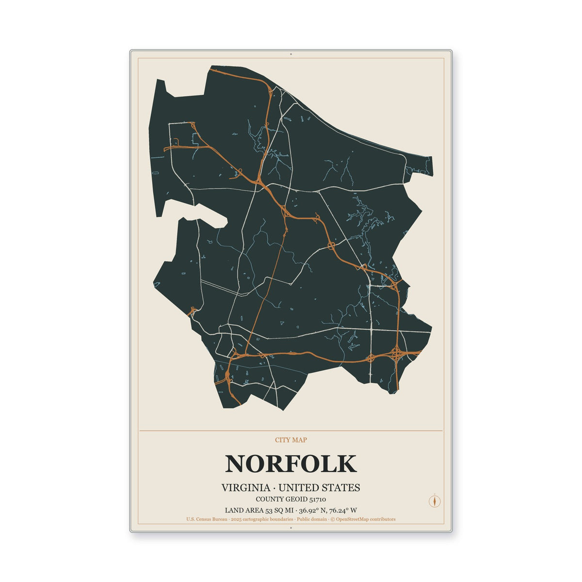 Norfolk city, Virginia Map Aluminum Sign in Headline Atlas style