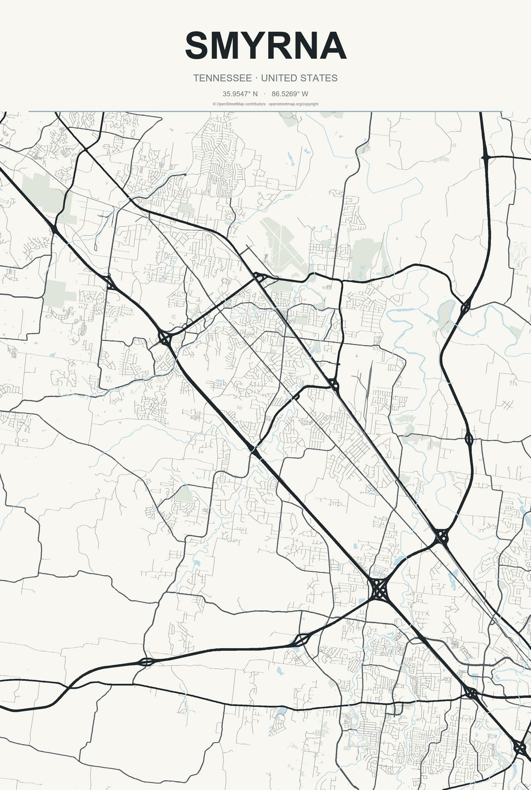 Smyrna, Tennessee City Map Aluminum Sign in Headline Atlas style