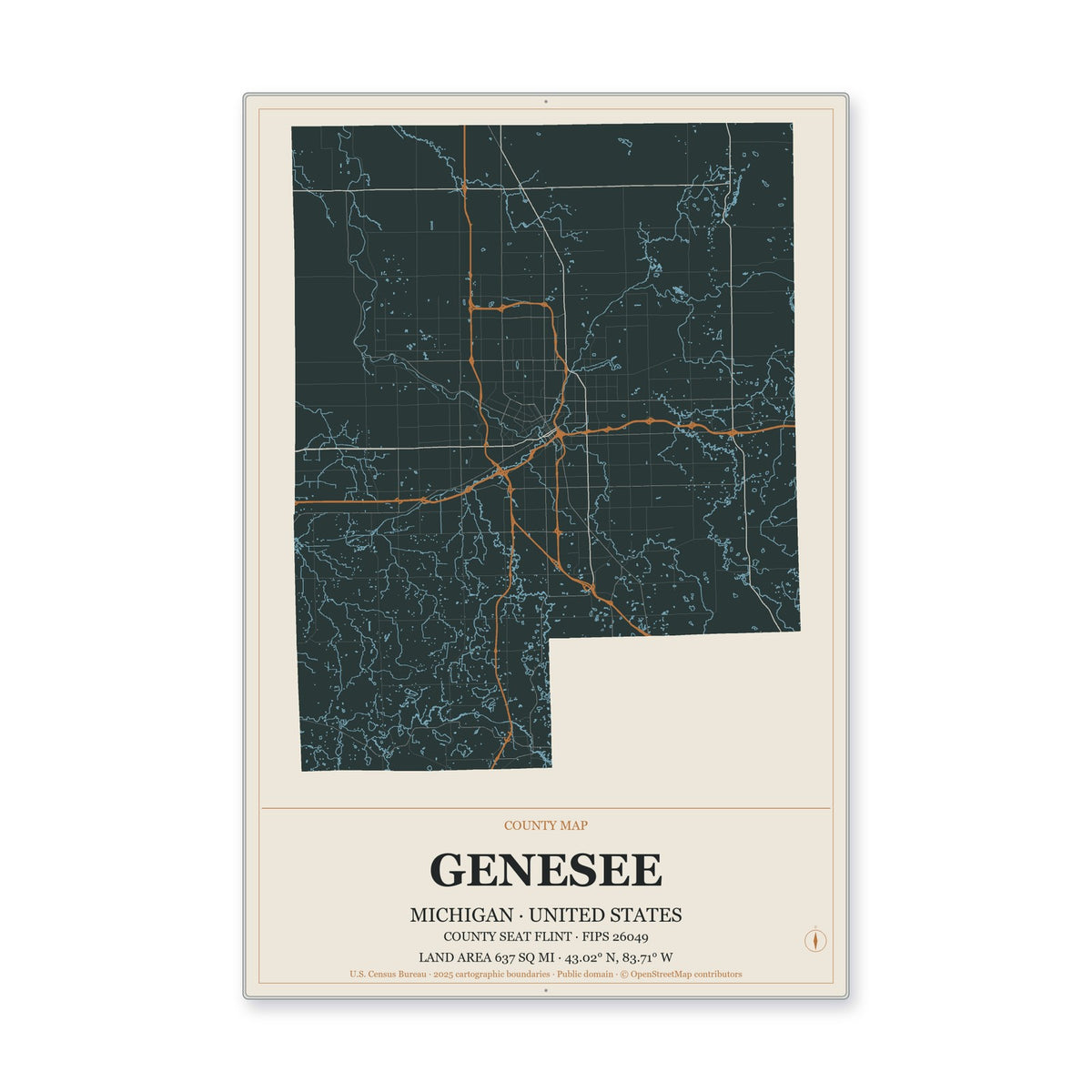 Genesee County, Michigan Map Aluminum Sign in Headline Atlas style