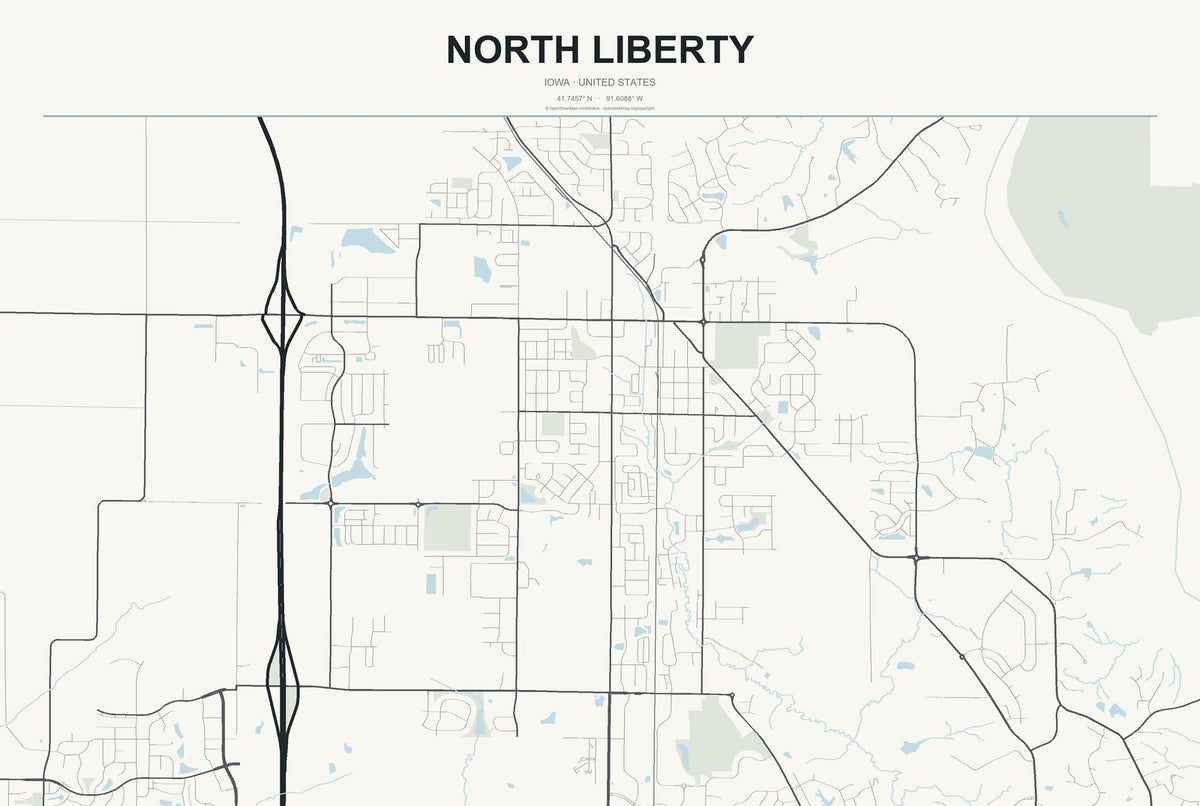 North Liberty, Iowa City Map Aluminum Sign in Headline Atlas style