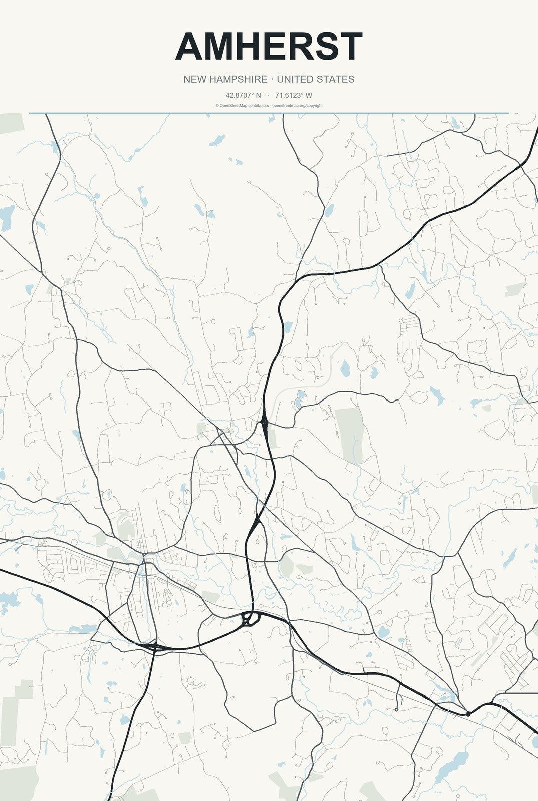 Amherst, New Hampshire City Map Aluminum Sign in Headline Atlas style