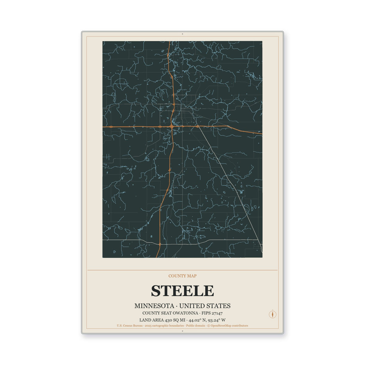 Steele County, Minnesota Map Aluminum Sign in Headline Atlas style