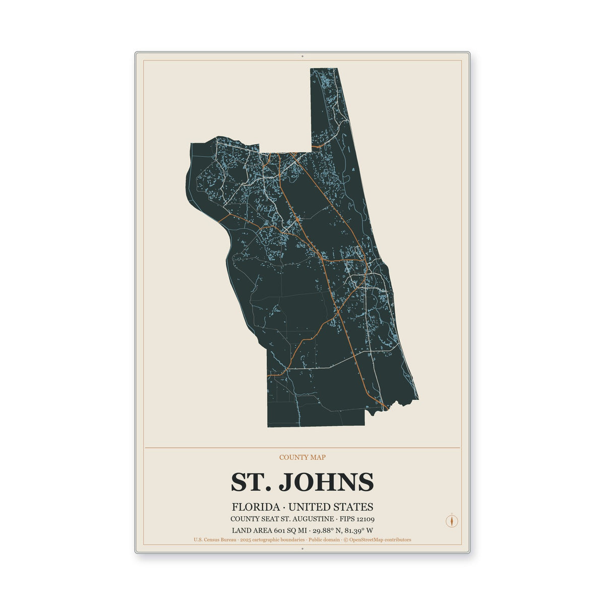 St. Johns County, Florida Map Aluminum Sign in Headline Atlas style