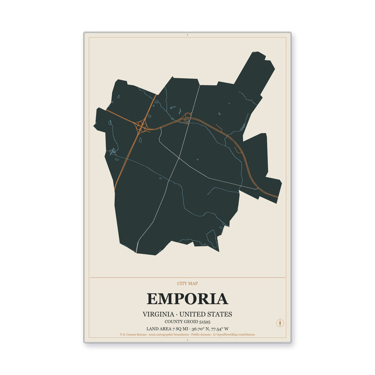 Emporia city, Virginia Map Aluminum Sign in Headline Atlas style