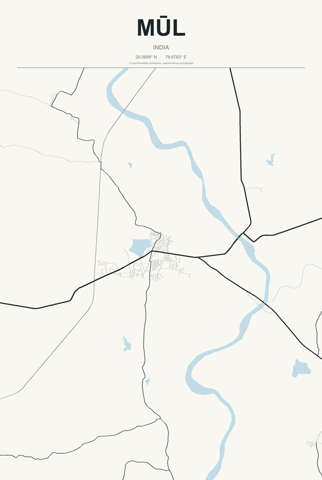 Mūl, India City Map Aluminum Sign in Headline Atlas style