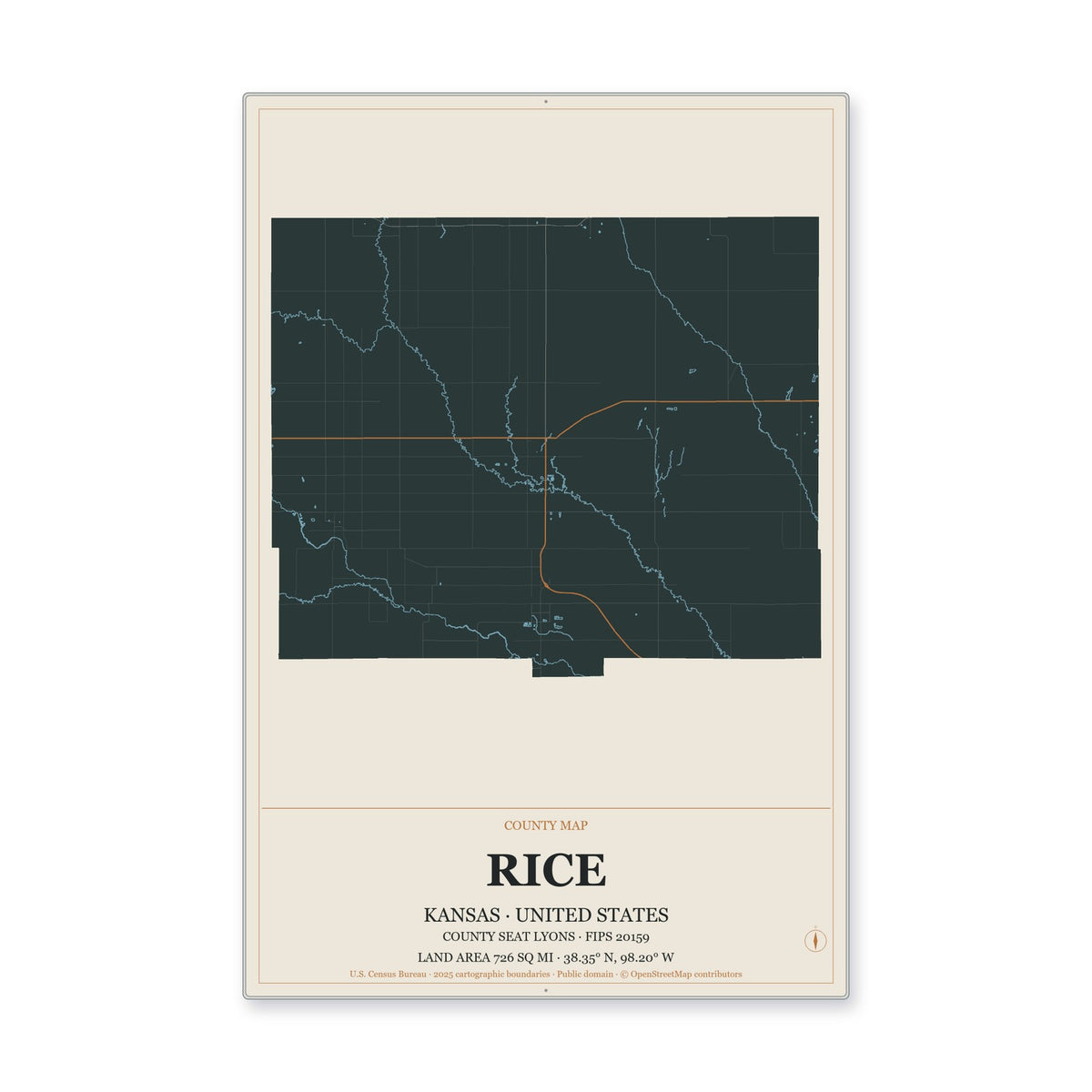 Rice County, Kansas Map Aluminum Sign in Headline Atlas style