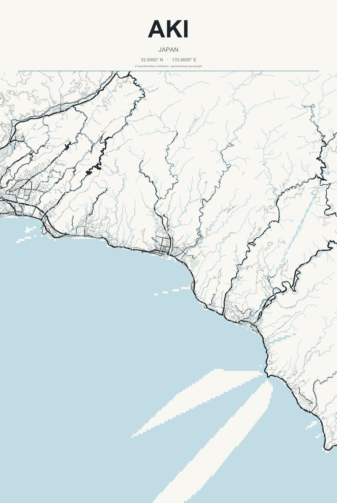 Aki, Japan City Map Aluminum Sign in Headline Atlas style
