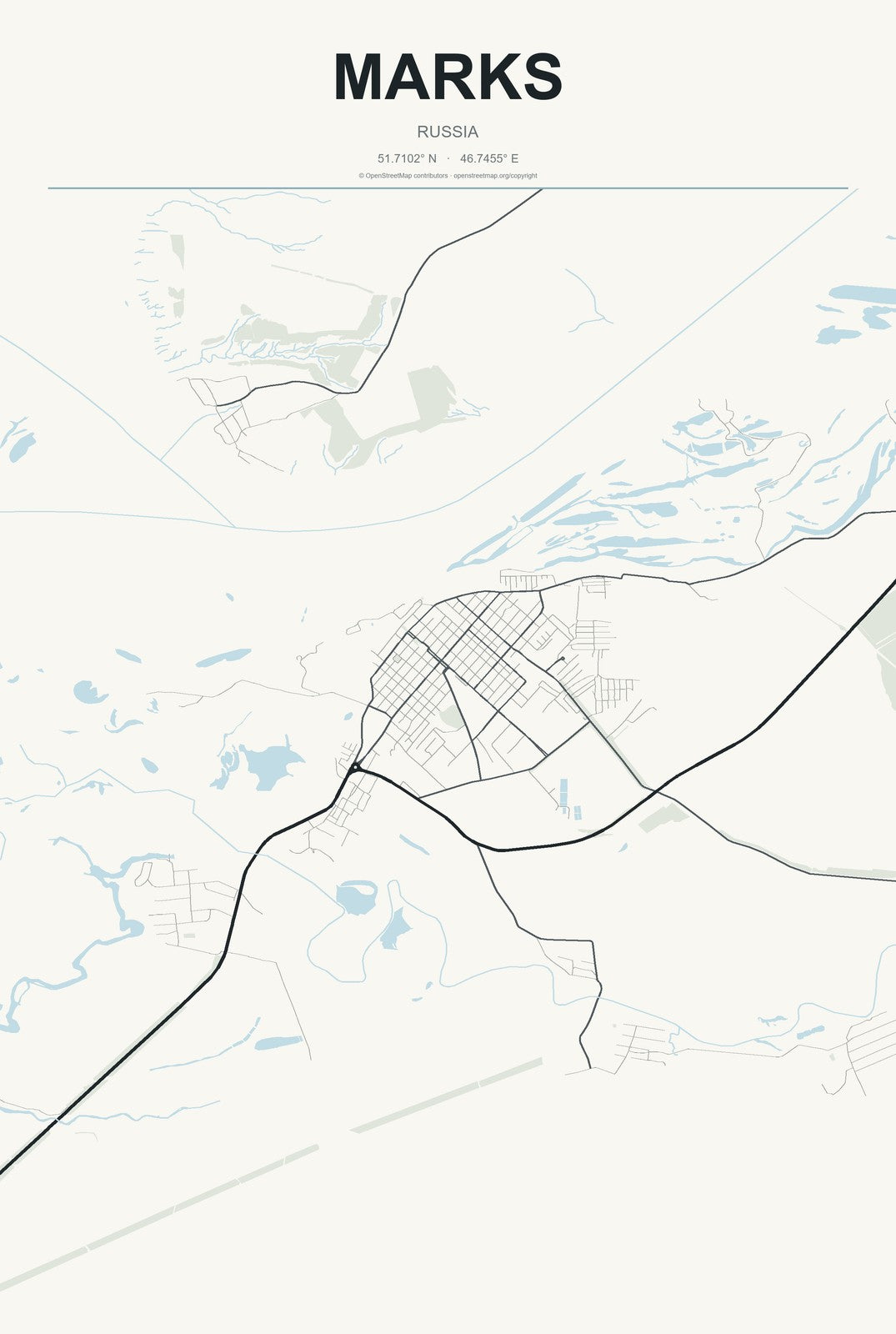 Marks, Russia City Map Aluminum Sign in Headline Atlas style