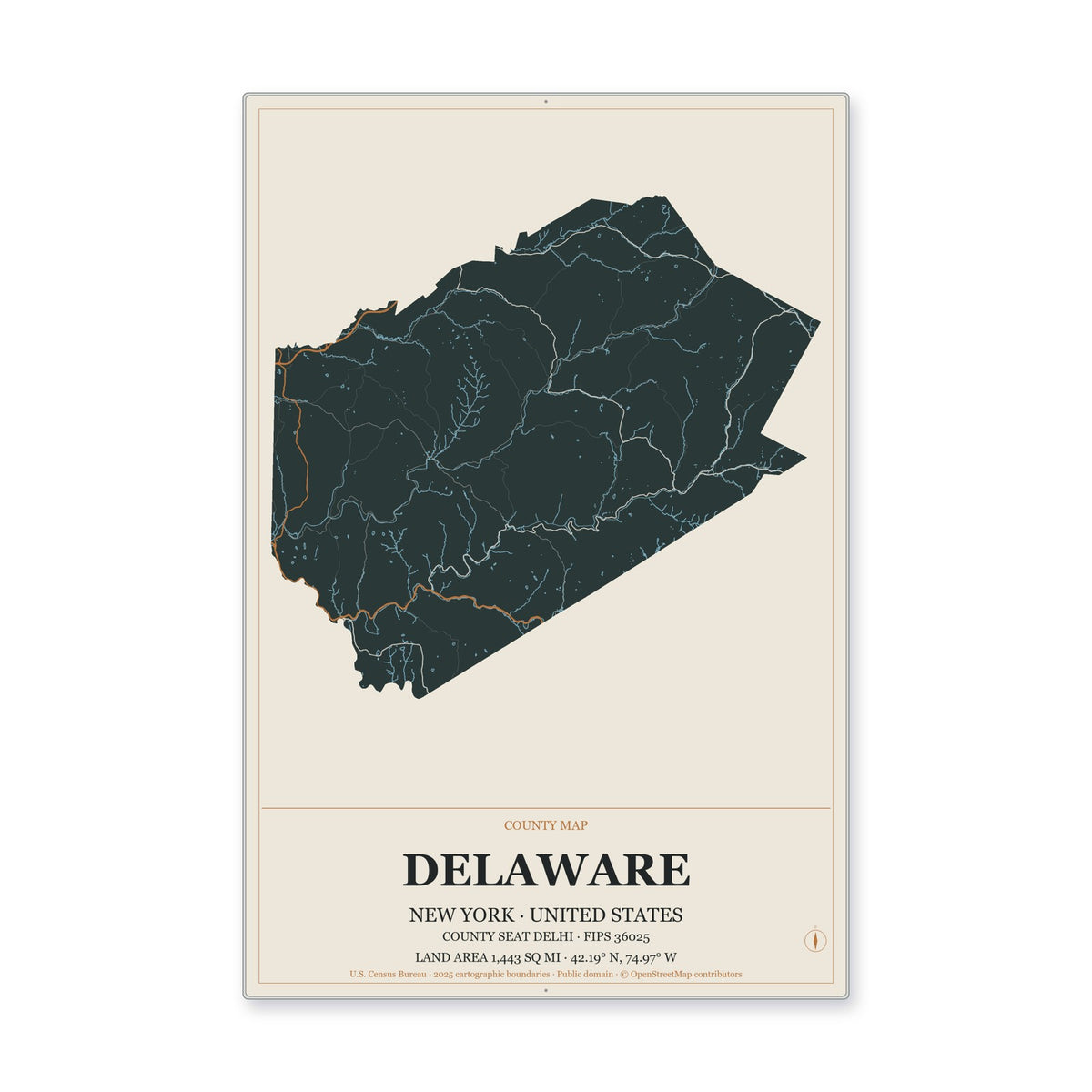 Delaware County, New York Map Aluminum Sign in Headline Atlas style