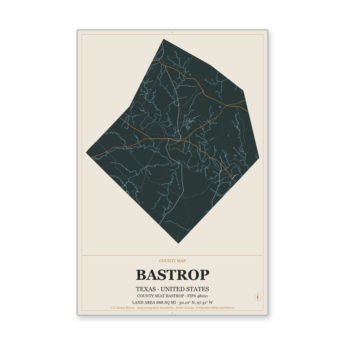 Bastrop County, Texas Map Aluminum Sign in Headline Atlas style