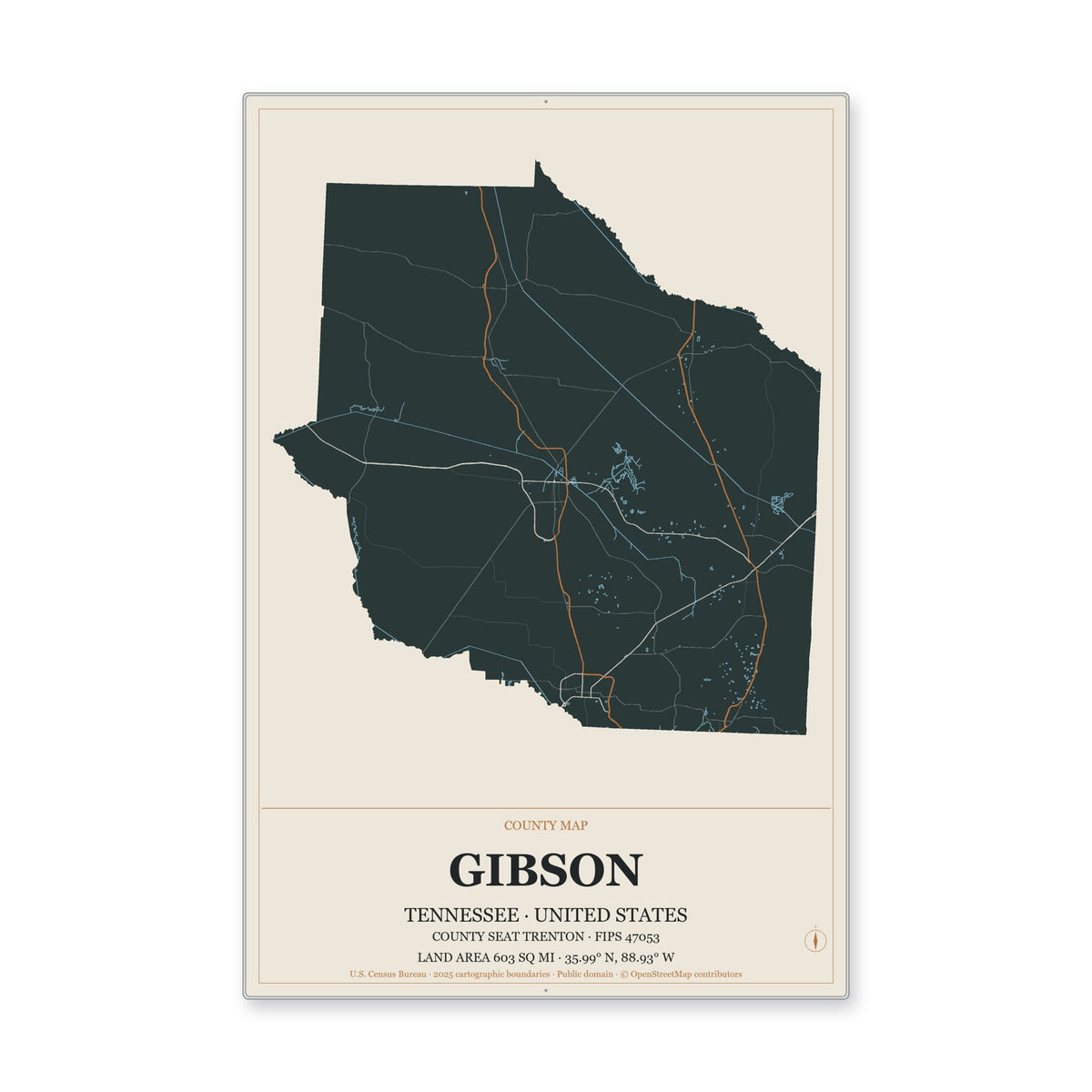 Gibson County, Tennessee Map Aluminum Sign in Headline Atlas style
