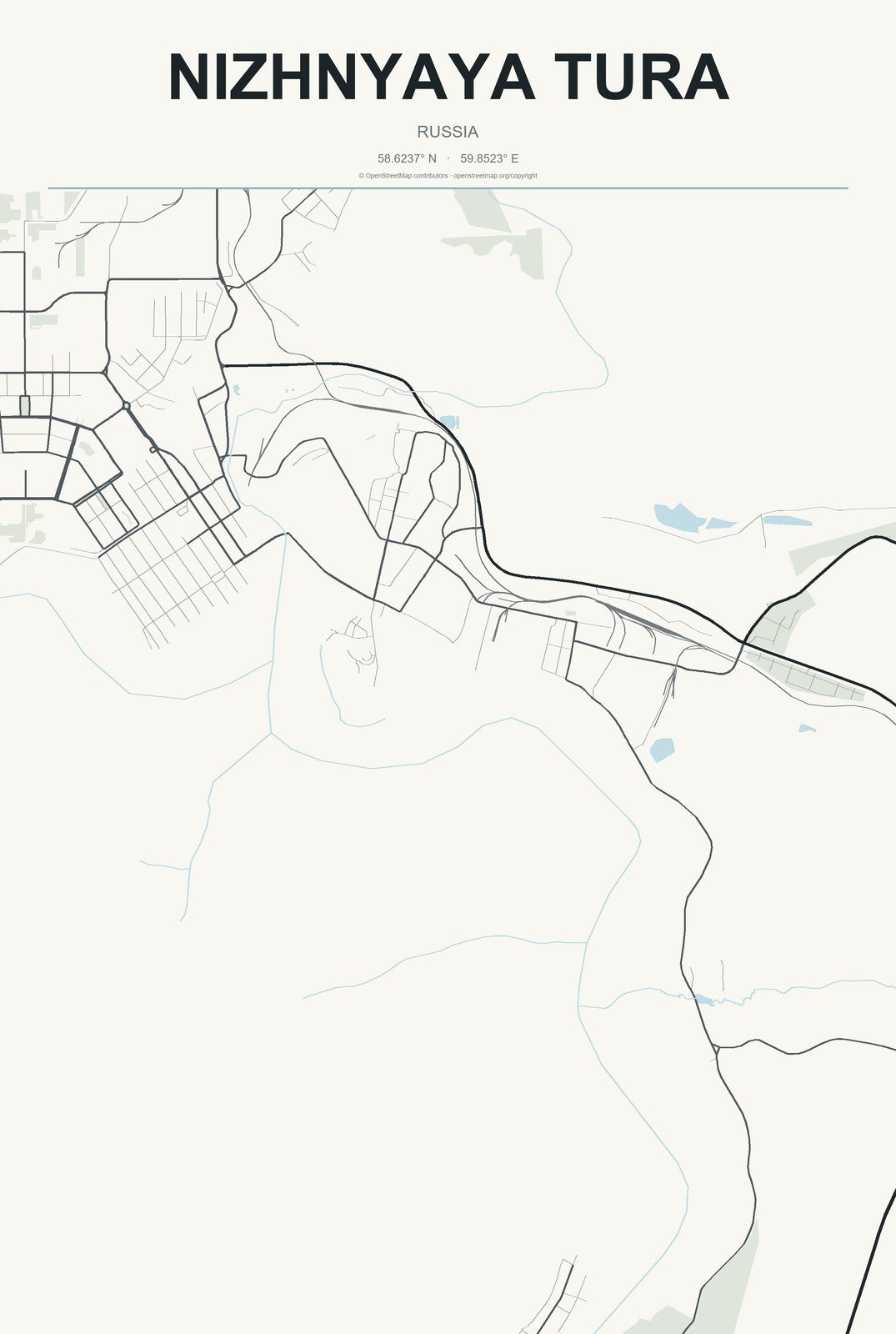 Nizhnyaya Tura, Russia City Map Aluminum Sign in Headline Atlas style