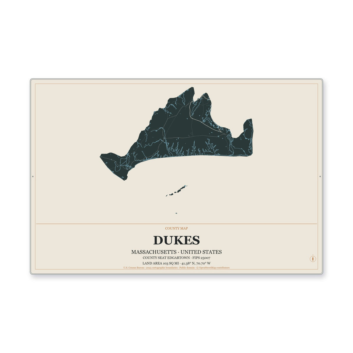 Dukes County, Massachusetts Map Aluminum Sign in Headline Atlas style