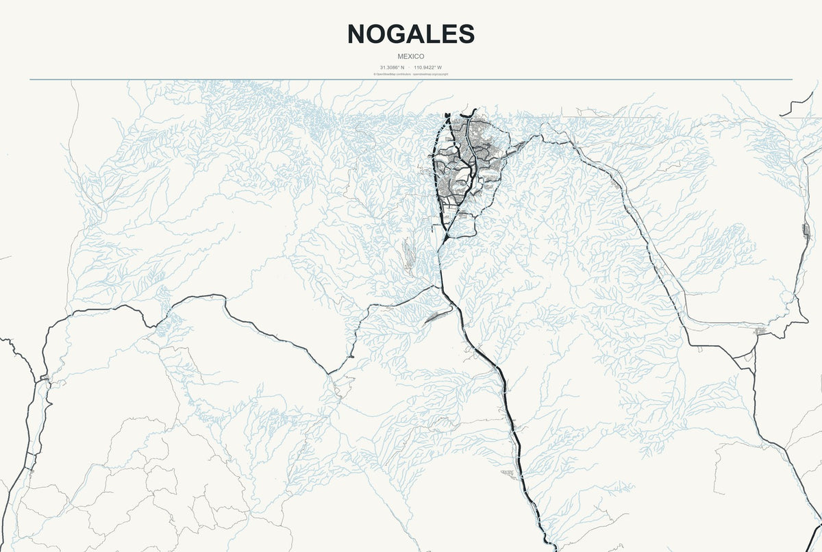 Nogales, Sonora, Mexico City Map Aluminum Sign in Headline Atlas style