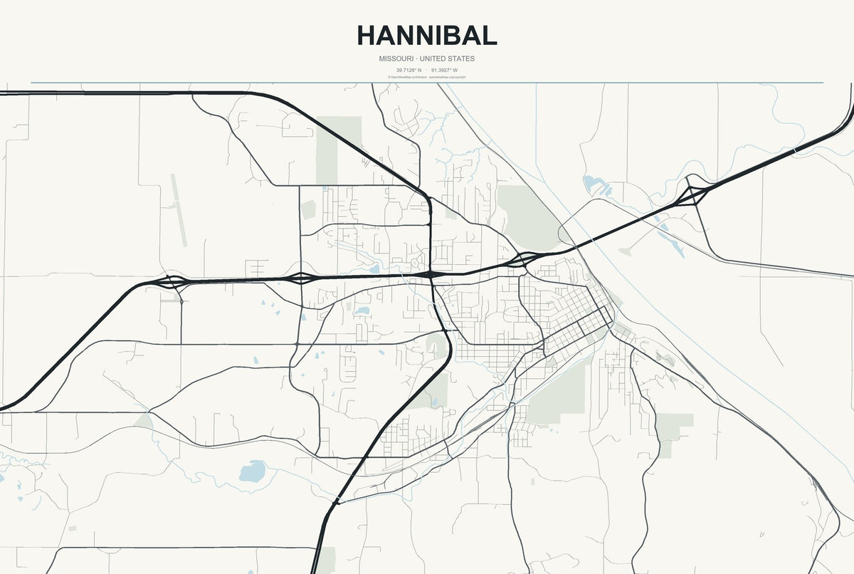 Hannibal, Missouri City Map Aluminum Sign in Headline Atlas style