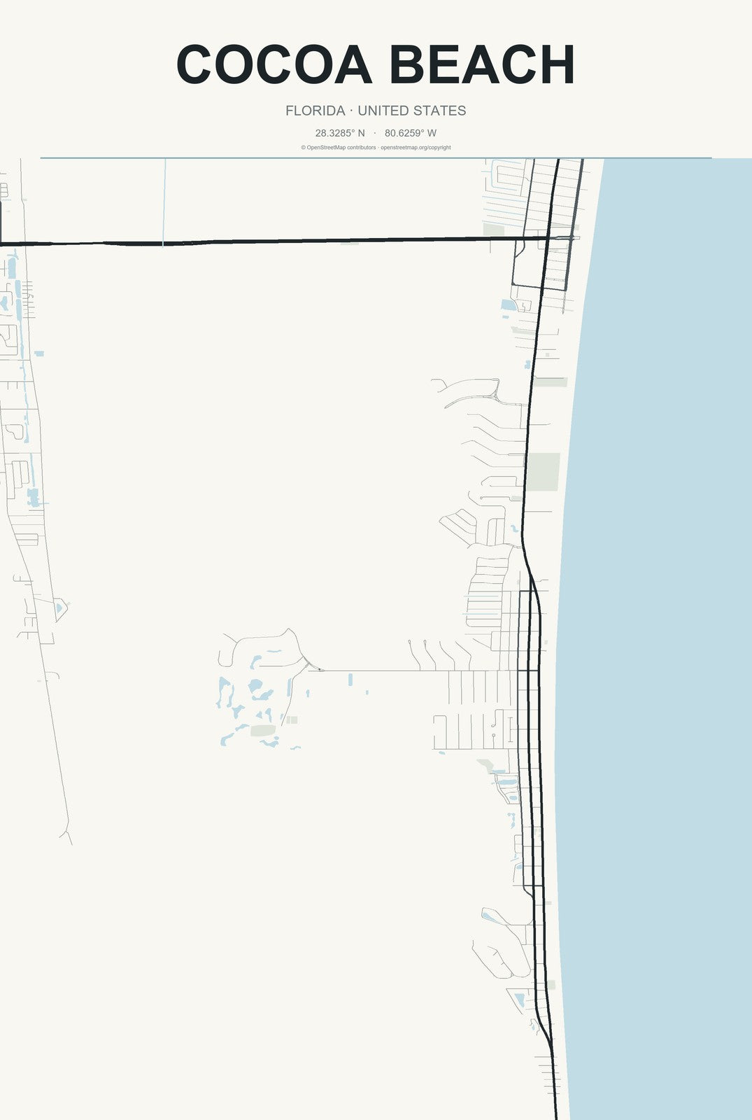 Cocoa Beach, Florida City Map Aluminum Sign in Headline Atlas style