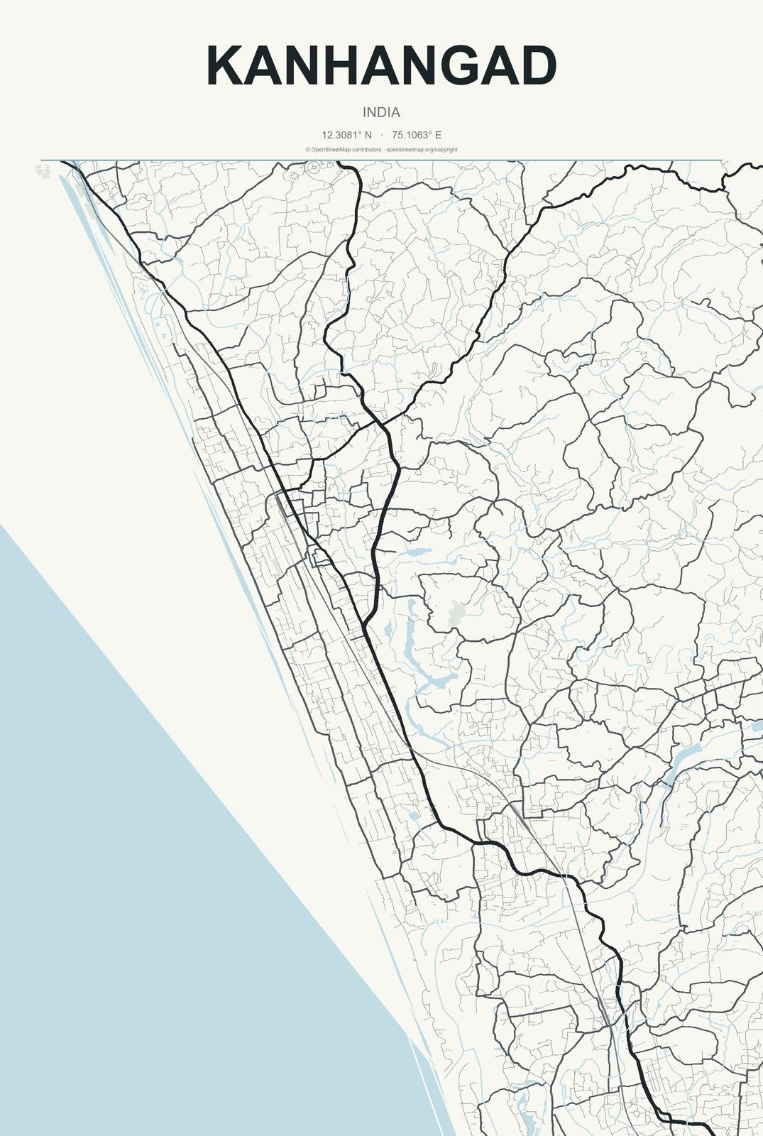 Kanhangad, India City Map Aluminum Sign in Headline Atlas style