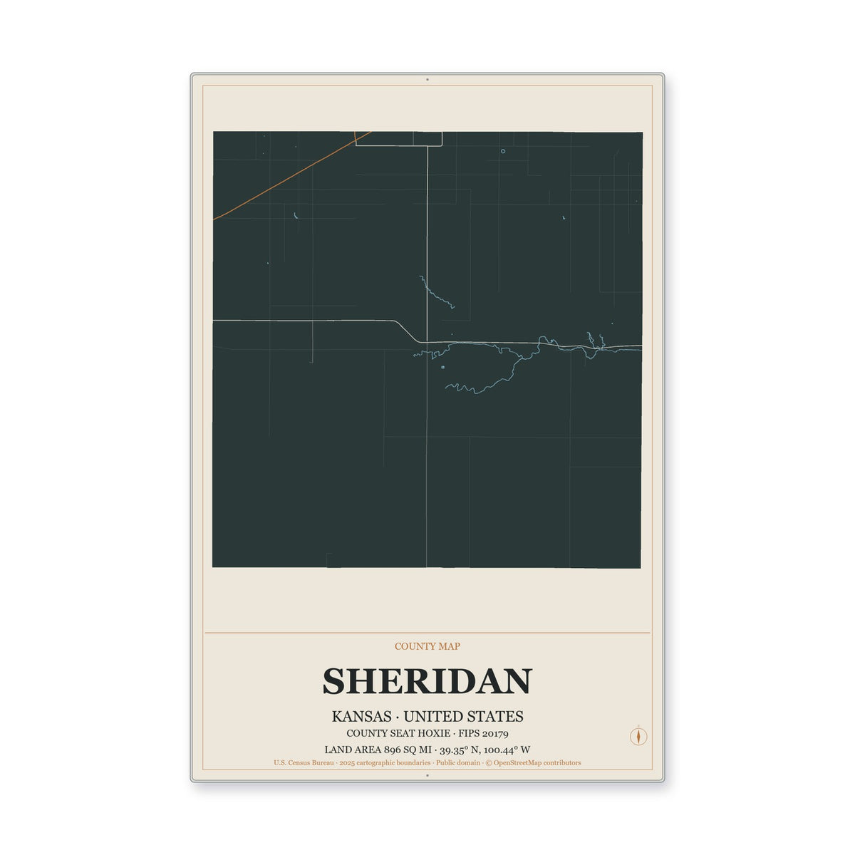 Sheridan County, Kansas Map Aluminum Sign in Headline Atlas style
