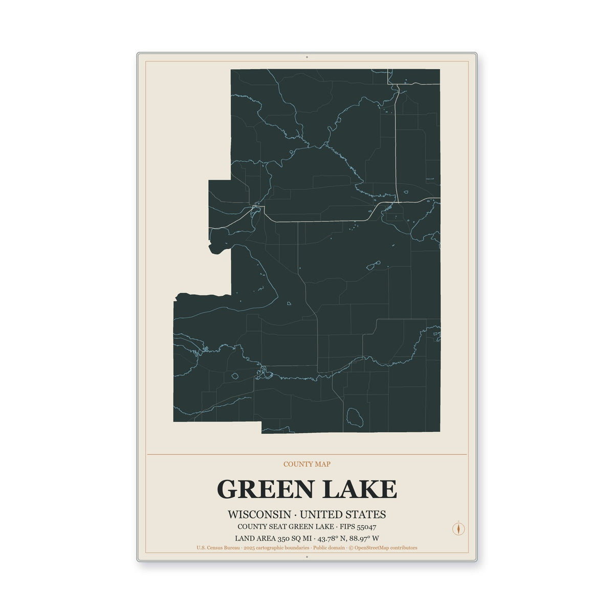 Green Lake County, Wisconsin Map Aluminum Sign in Headline Atlas style