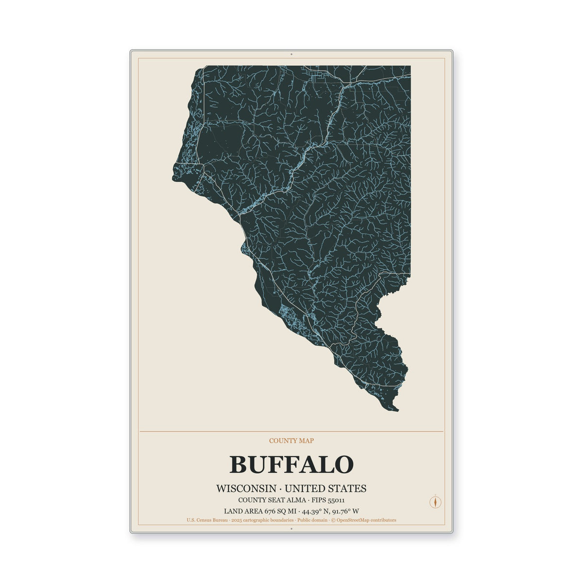 Buffalo County, Wisconsin Map Aluminum Sign in Headline Atlas style