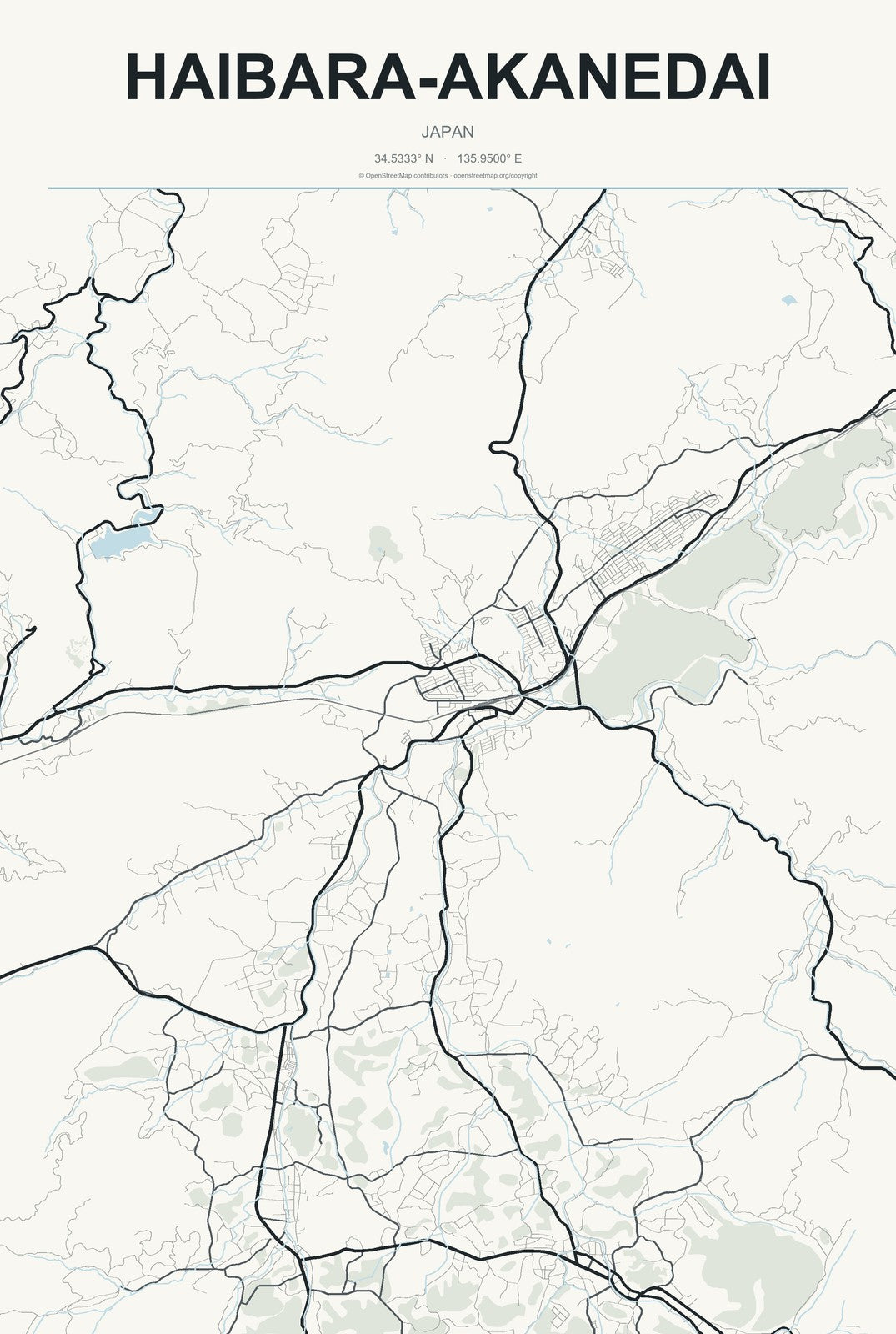 Haibara-akanedai, Japan City Map Aluminum Sign in Headline Atlas style