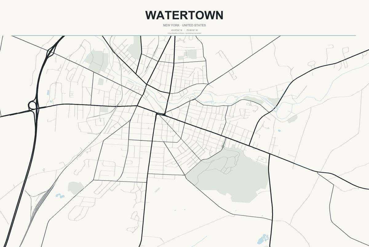 Watertown, New York City Map Aluminum Sign in Headline Atlas style
