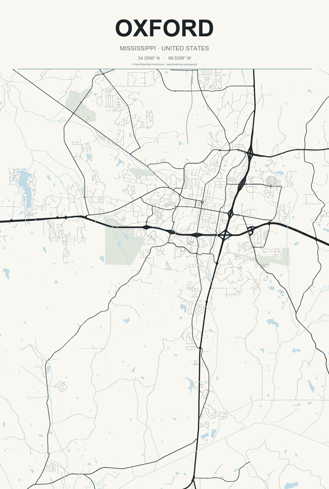 Oxford, Mississippi City Map Aluminum Sign in Headline Atlas style