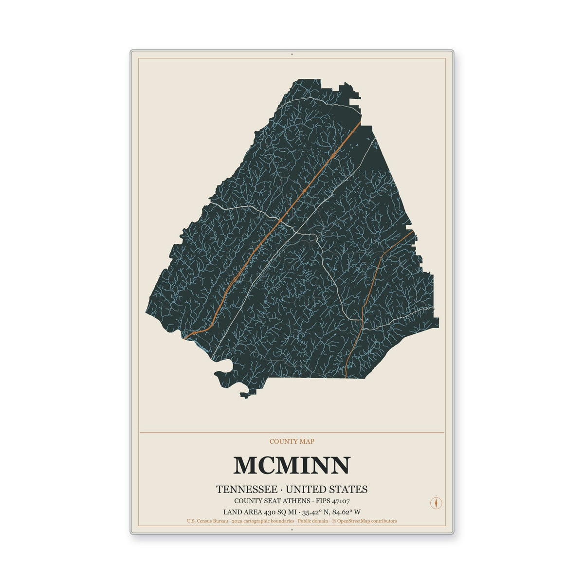 McMinn County, Tennessee Map Aluminum Sign in Headline Atlas style