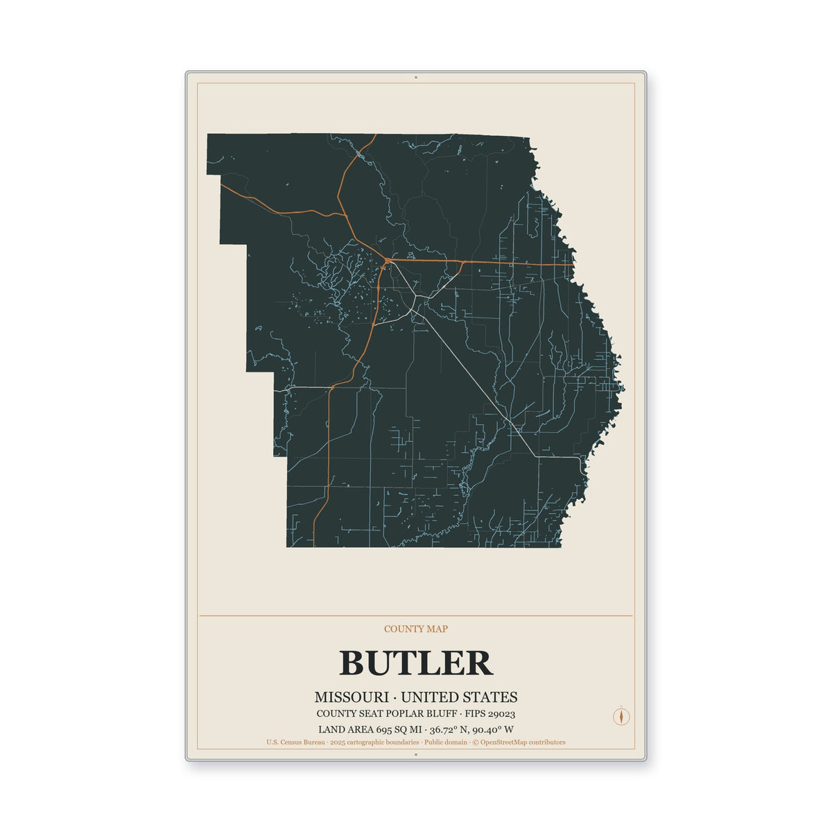 Butler County, Missouri Map Aluminum Sign in Headline Atlas style