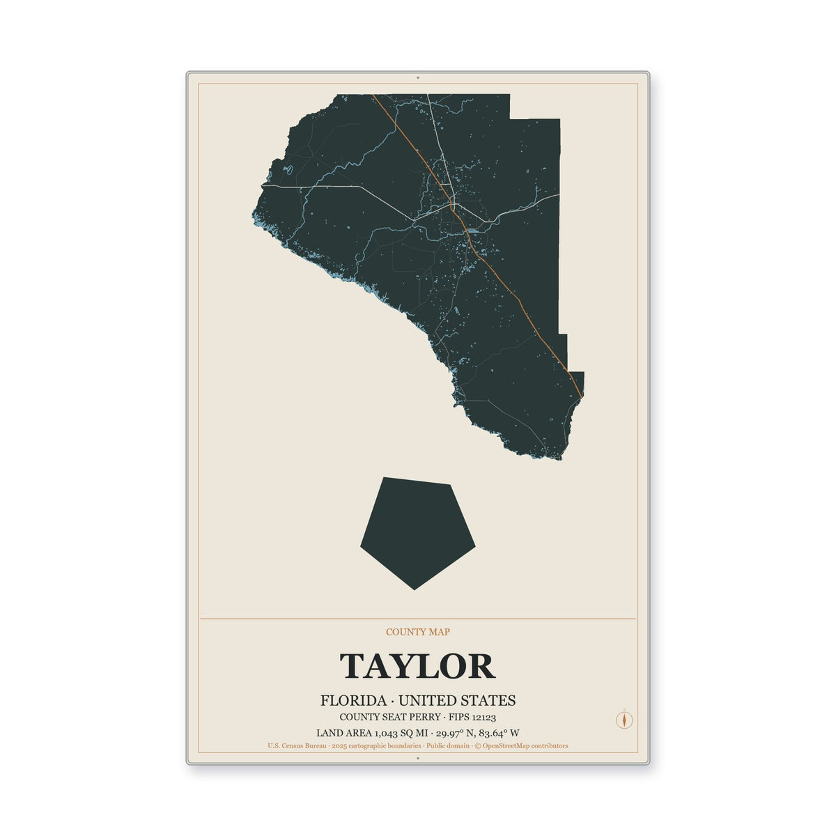 Taylor County, Florida Map Aluminum Sign in Headline Atlas style