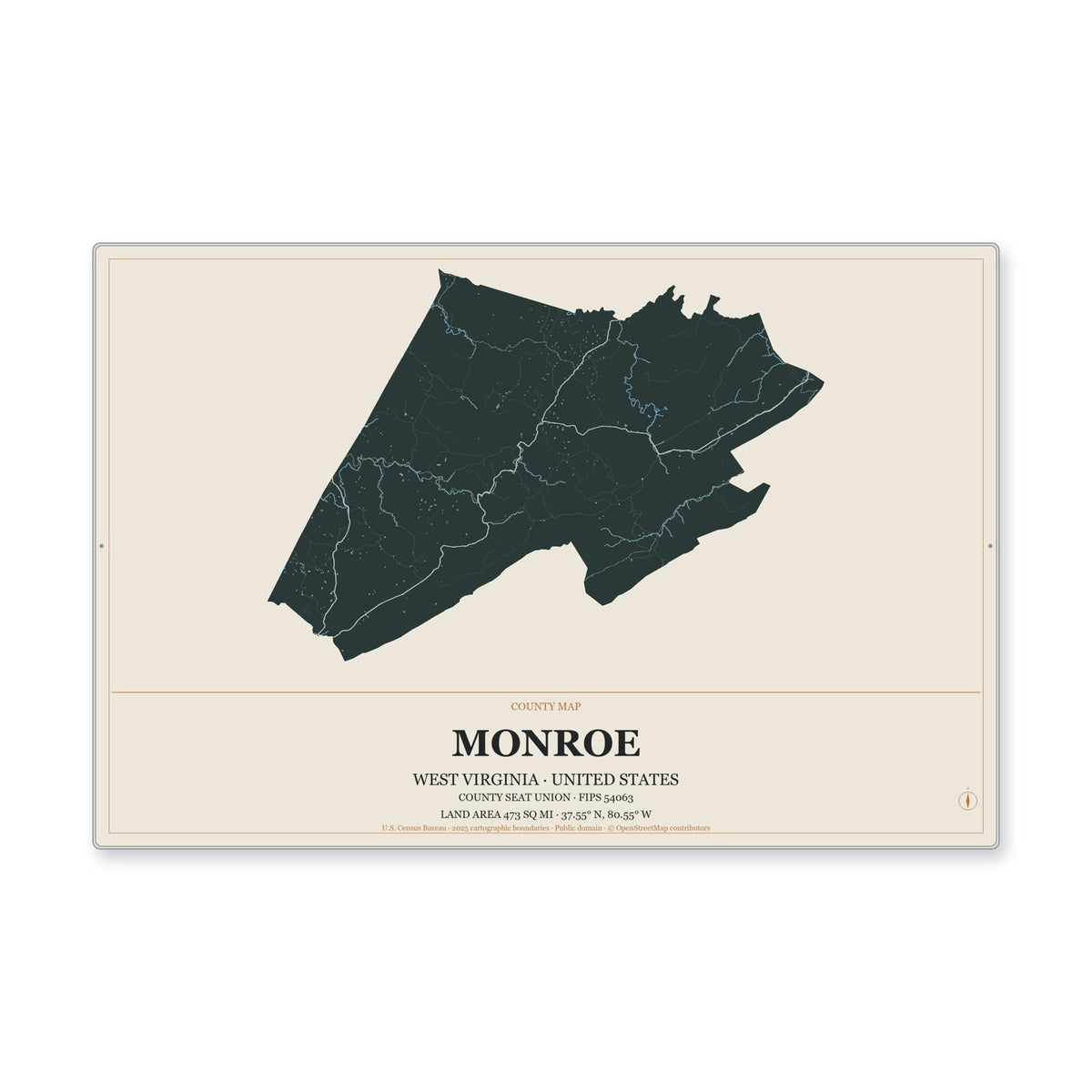 Monroe County, West Virginia Map Aluminum Sign in Headline Atlas style
