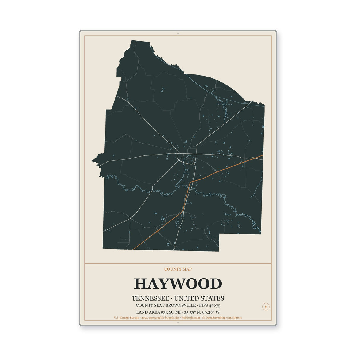 Haywood County, Tennessee Map Aluminum Sign in Headline Atlas style