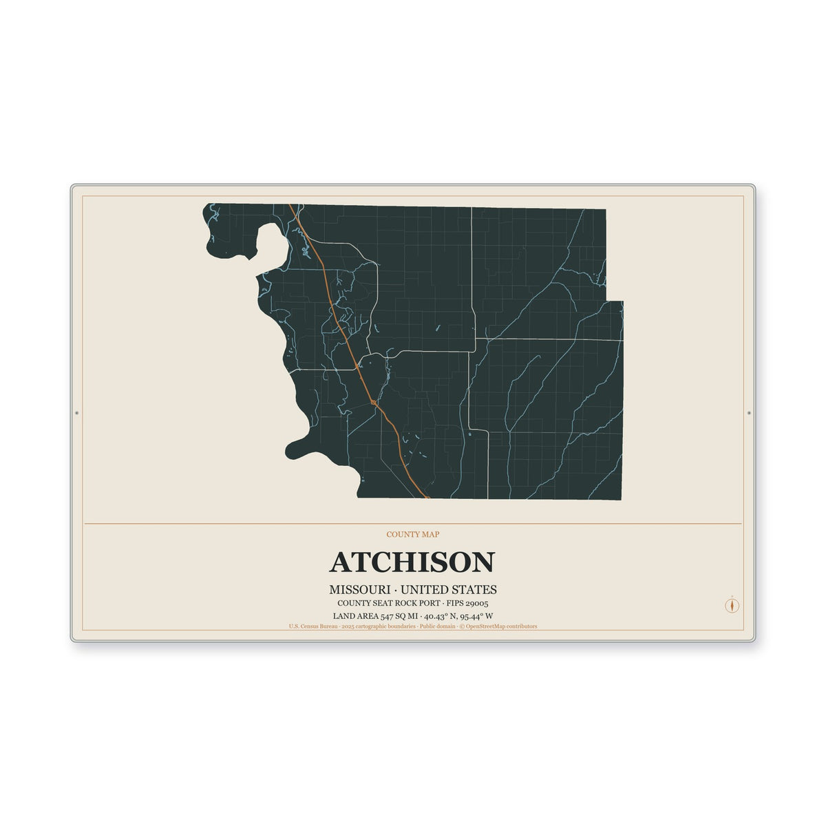 Atchison County, Missouri Map Aluminum Sign in Headline Atlas style