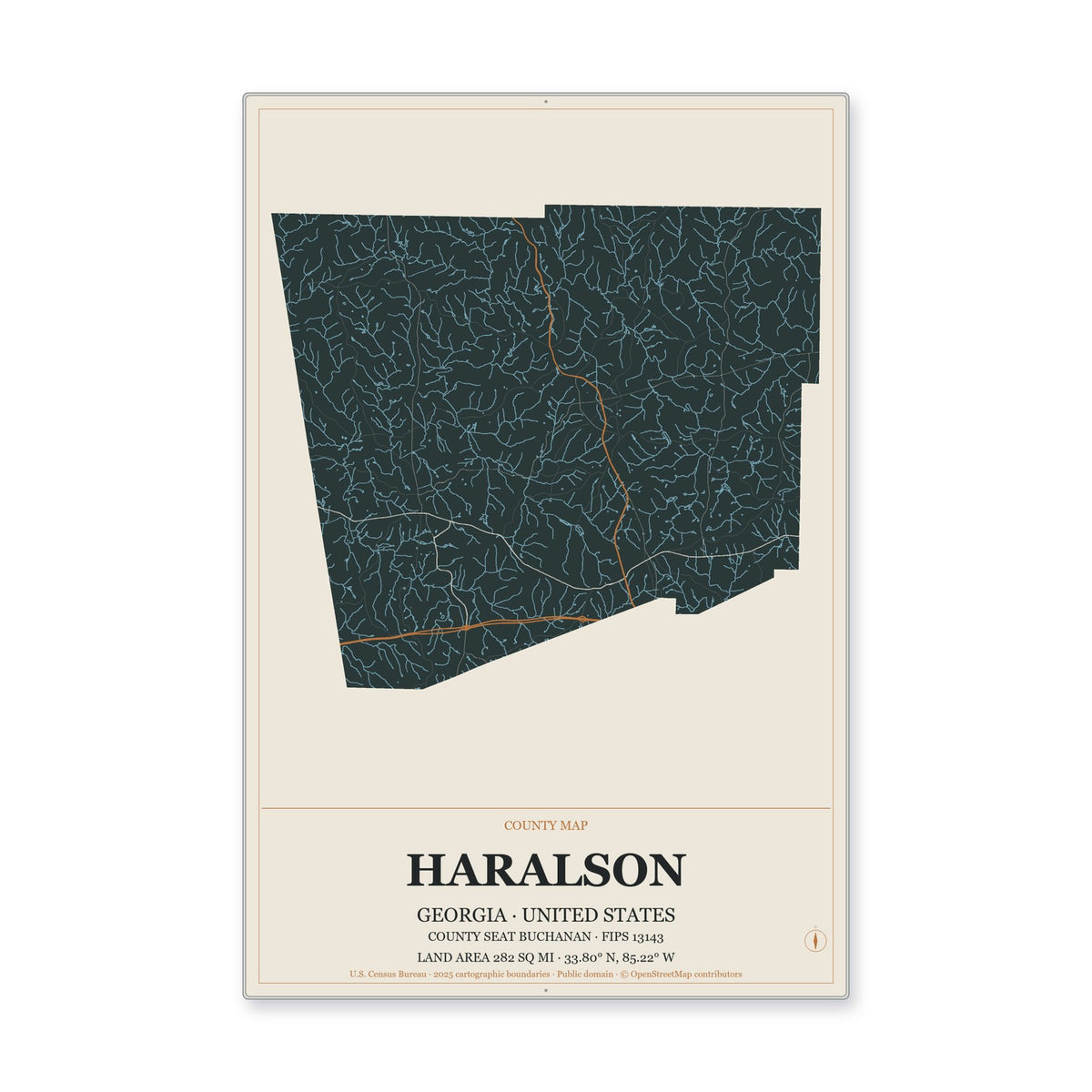 Haralson County, Georgia Map Aluminum Sign in Headline Atlas style
