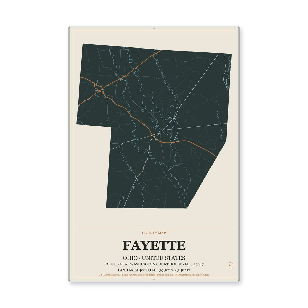 Fayette County, Ohio Map Aluminum Sign in Headline Atlas style
