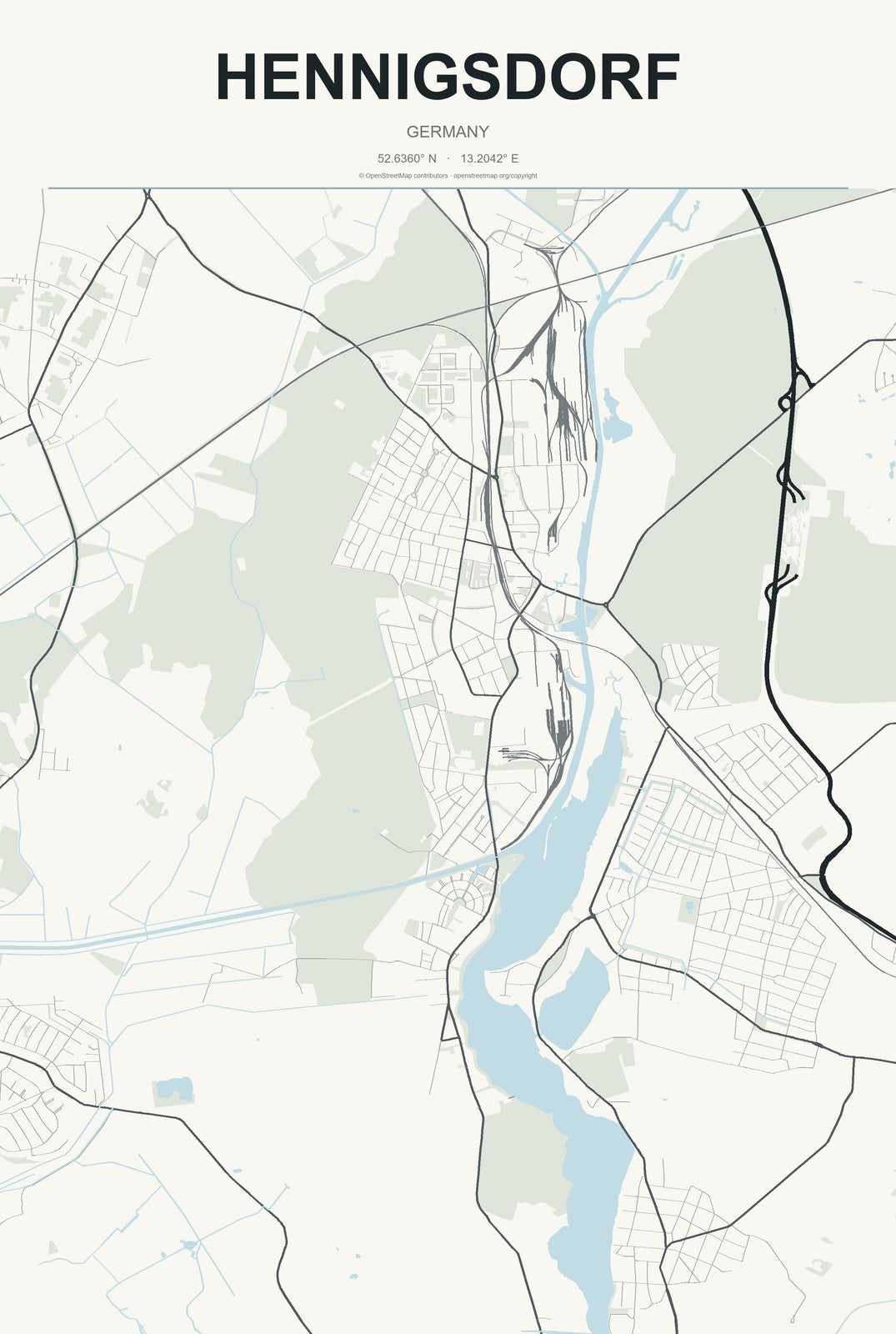 Hennigsdorf, Germany City Map Aluminum Sign in Headline Atlas style