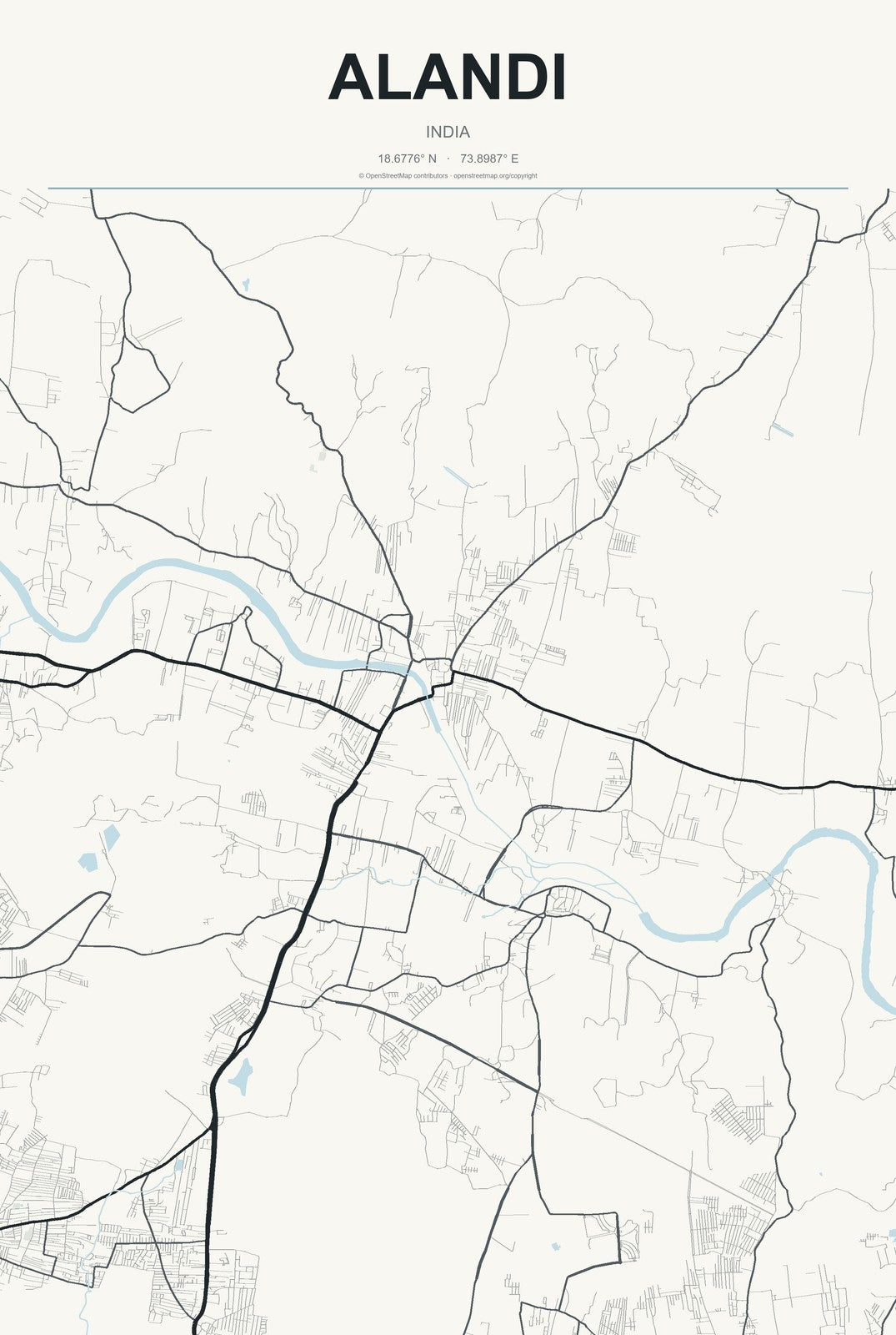 Alandi, India City Map Aluminum Sign in Headline Atlas style