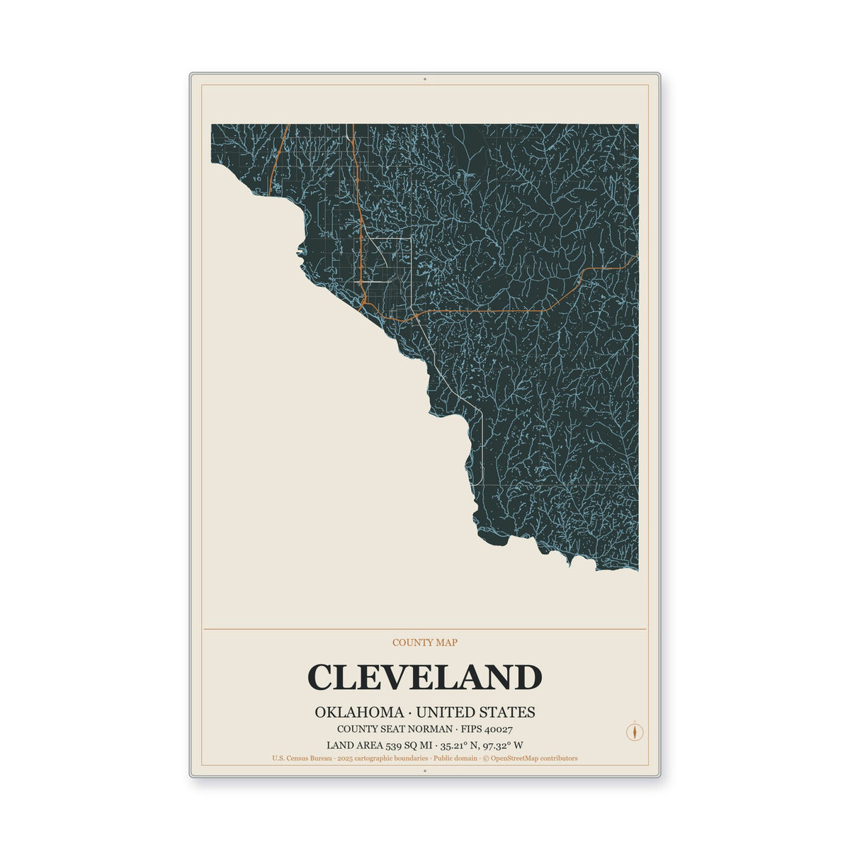 Cleveland County, Oklahoma Map Aluminum Sign in Headline Atlas style