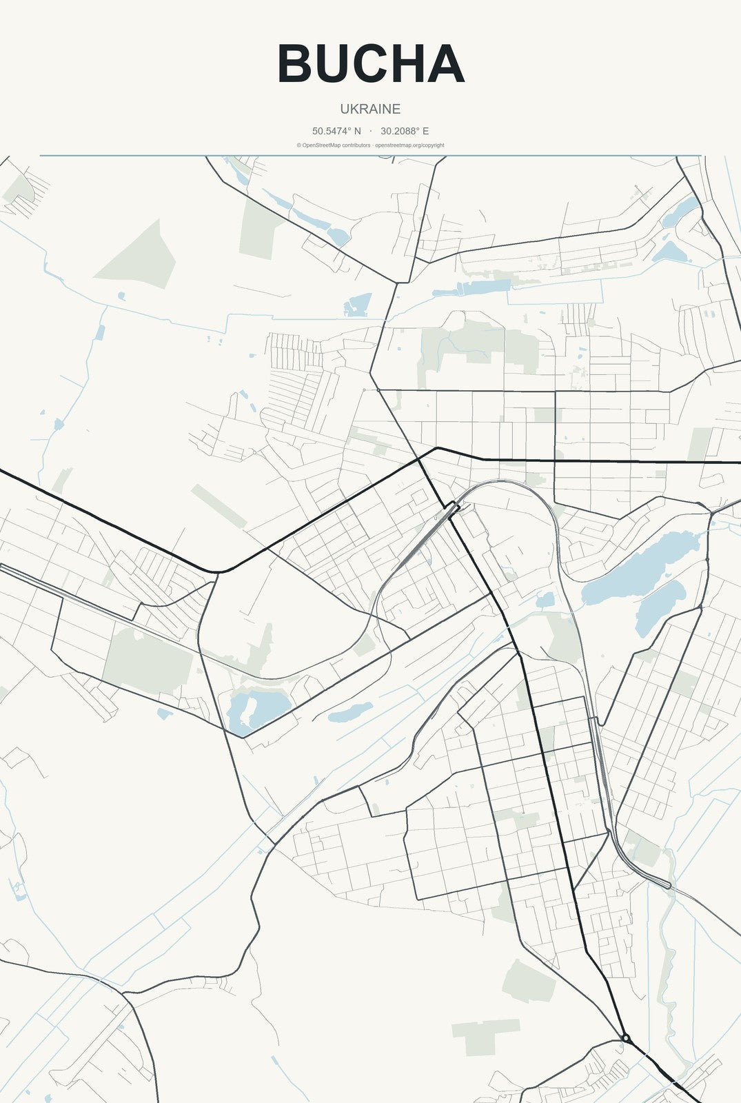 Bucha, Ukraine City Map Aluminum Sign in Headline Atlas style