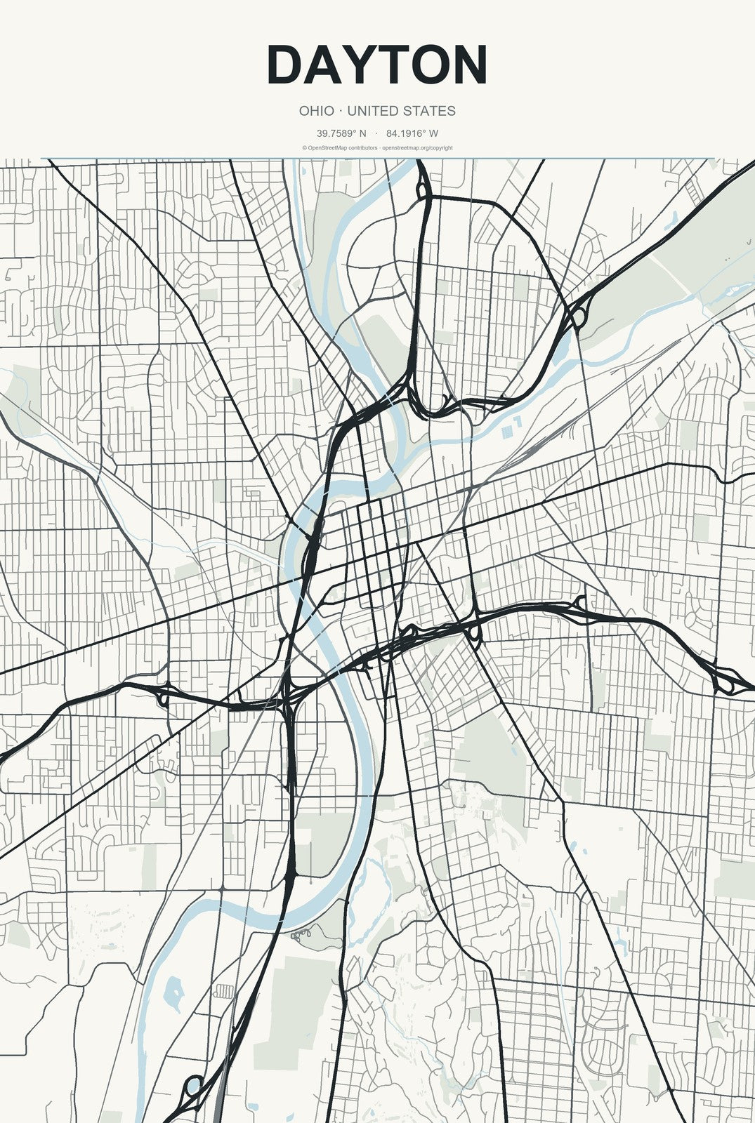 Dayton, Ohio City Map Aluminum Sign in Headline Atlas style