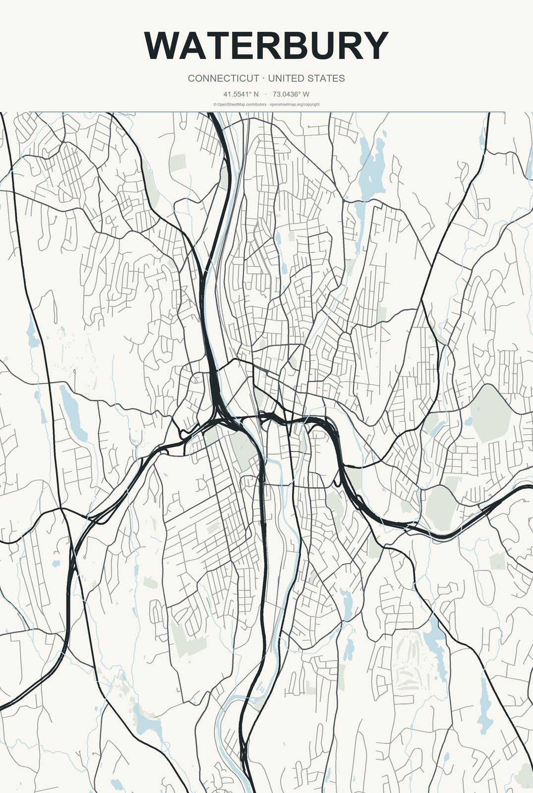 Waterbury, Connecticut City Map Aluminum Sign in Headline Atlas style