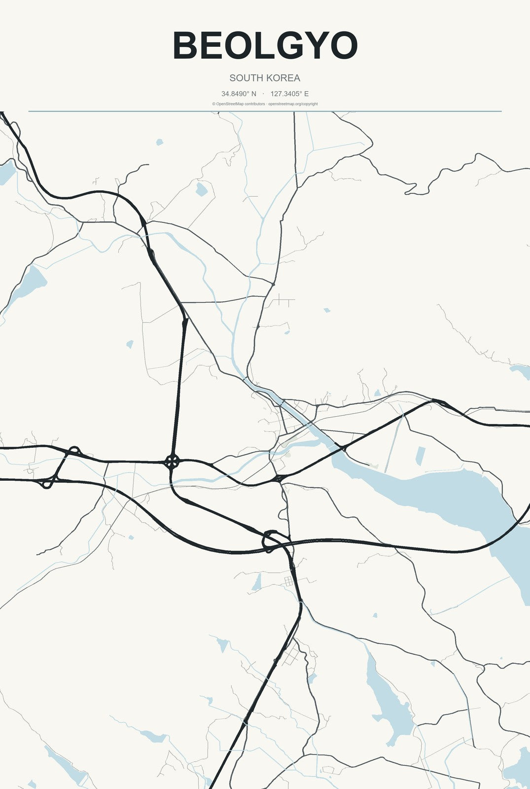 Beolgyo, South Korea City Map Aluminum Sign in Headline Atlas style