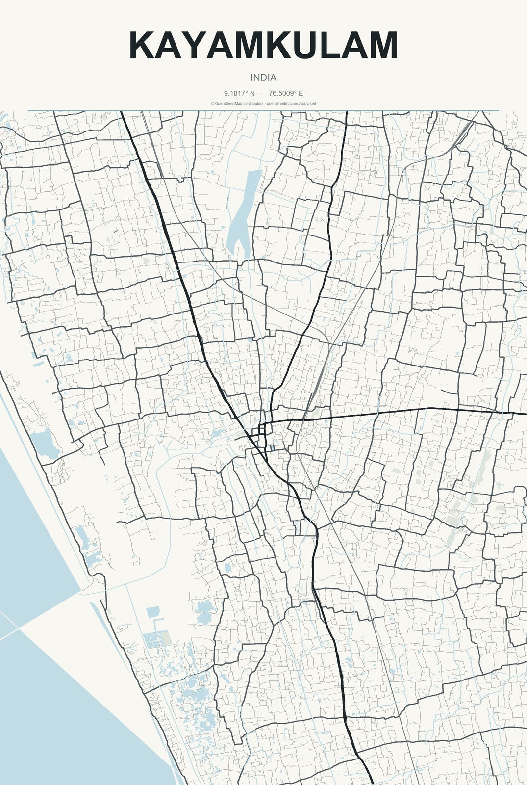Kayamkulam, India City Map Aluminum Sign in Headline Atlas style