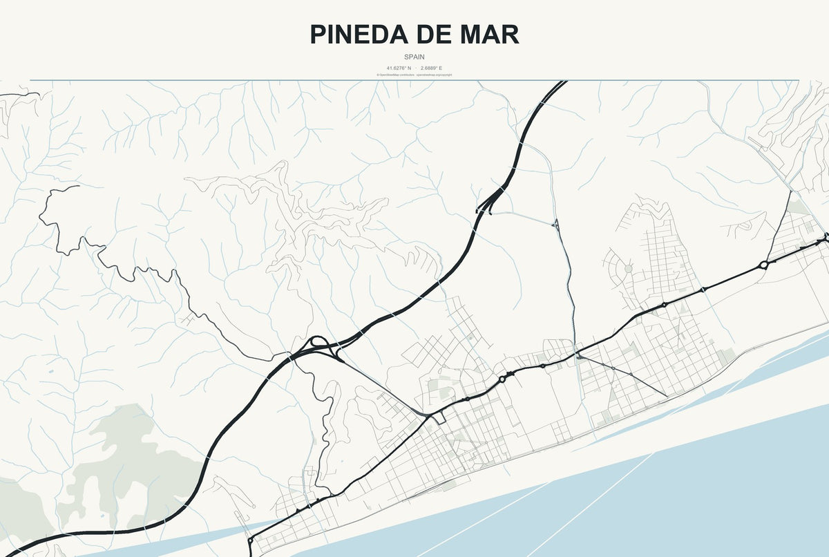 Pineda de Mar, Spain City Map Aluminum Sign in Headline Atlas style
