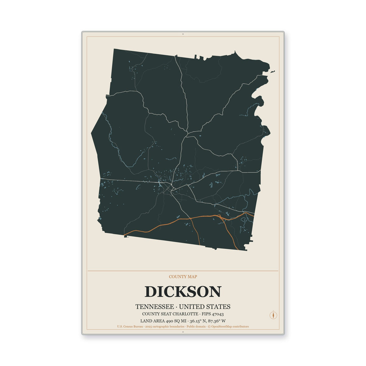 Dickson County, Tennessee Map Aluminum Sign in Headline Atlas style