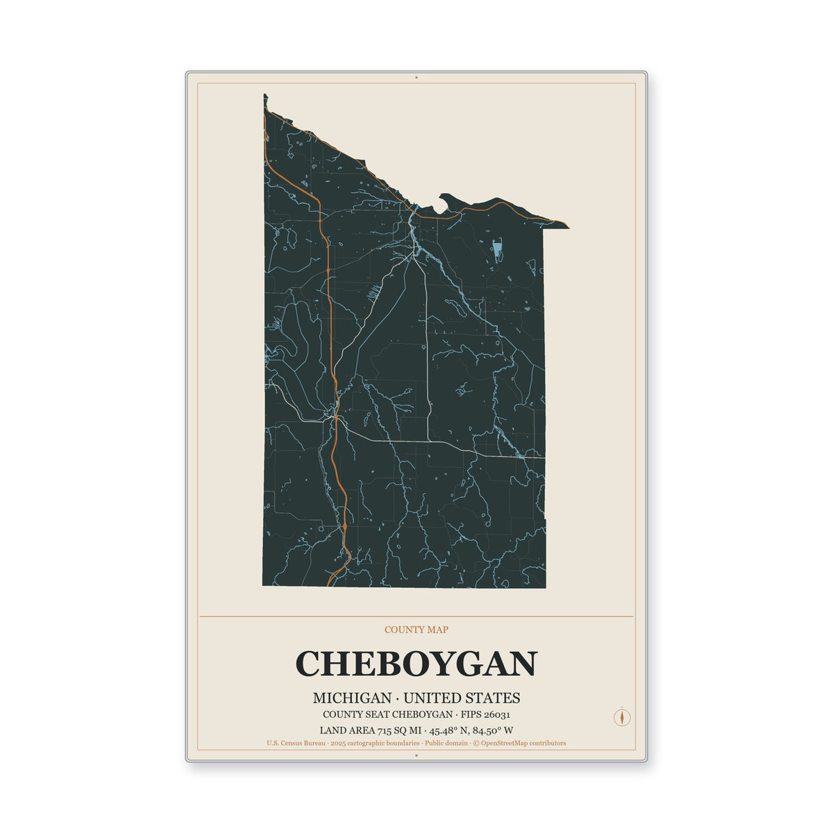 Cheboygan County, Michigan Map Aluminum Sign in Headline Atlas style