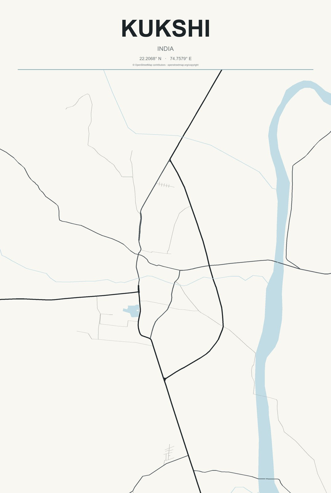 Kukshi, India City Map Aluminum Sign in Headline Atlas style