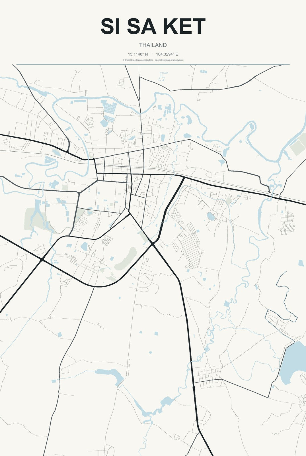Si Sa Ket, Thailand City Map Aluminum Sign in Headline Atlas style
