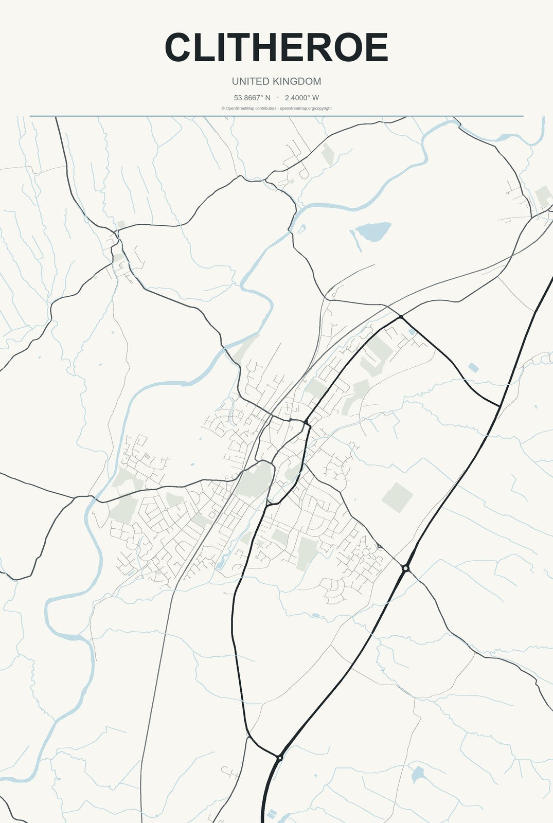 Clitheroe, United Kingdom City Map Aluminum Sign in Headline Atlas style